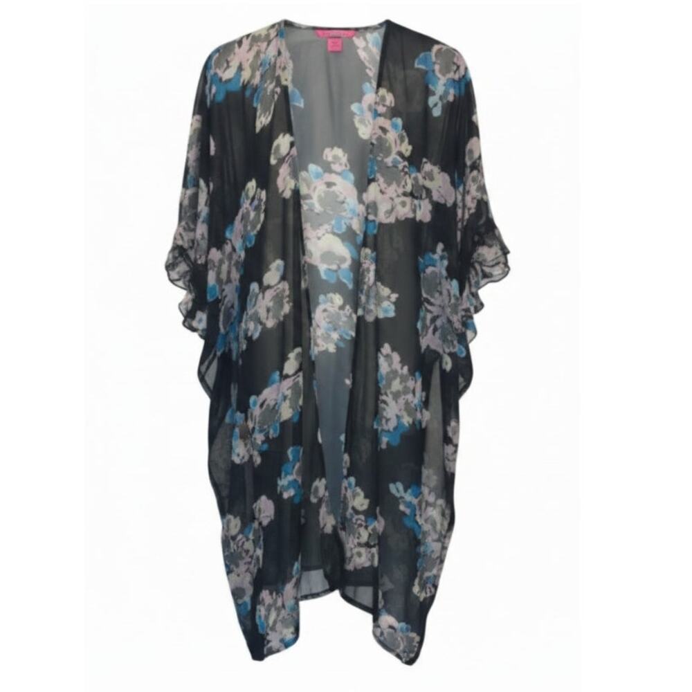 Betsey Johnson Cover Up Womens One Size Black Floral Ruffle Sleeves Open Front